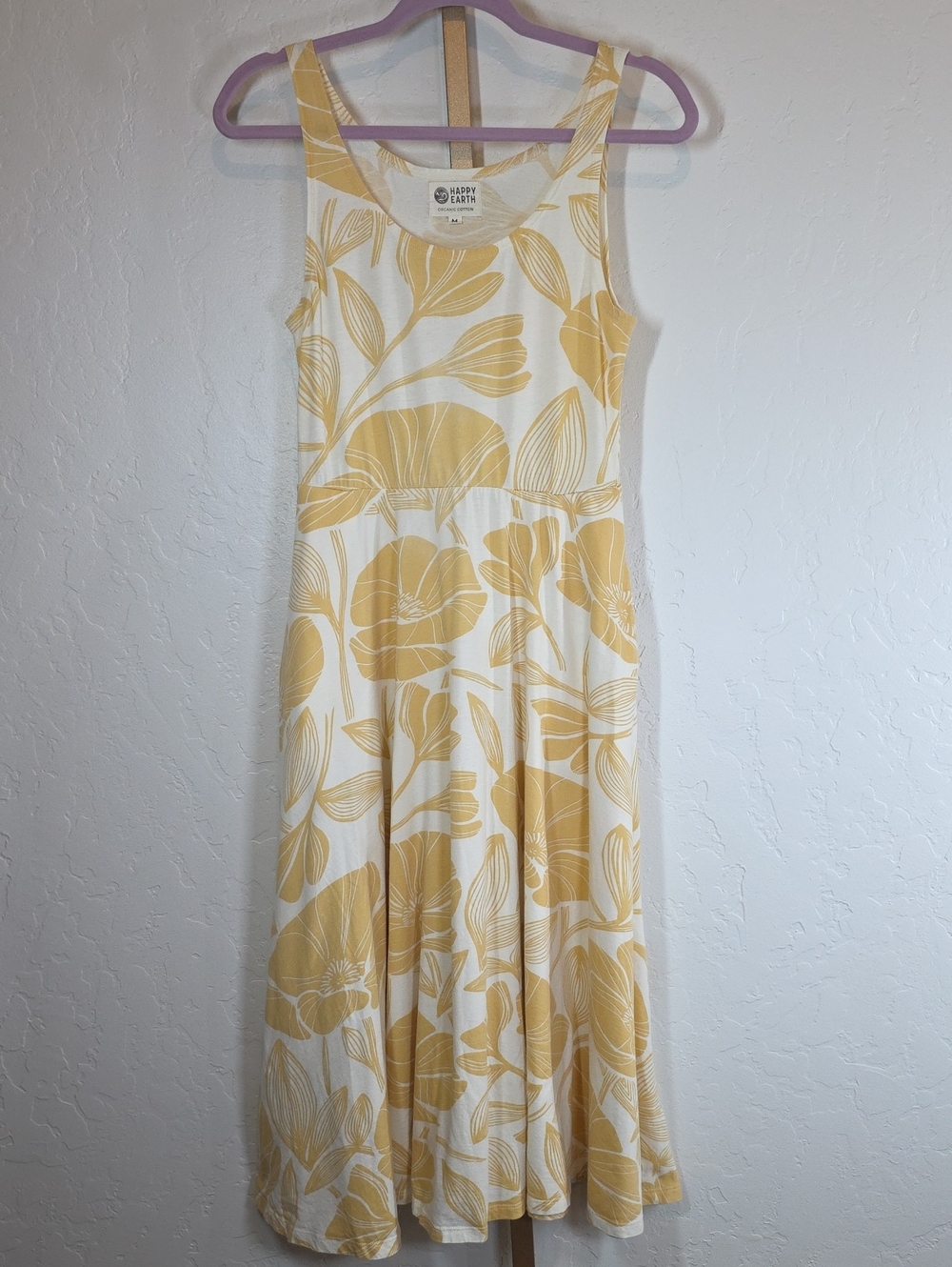 Happy‎ Earth Yellow Floral Midi Dress - Sleeveless 100% Organic Cotton